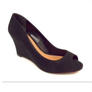 SCHUTZ Black Suede Leather Open Toe Wedge Heels Pumps 7.5